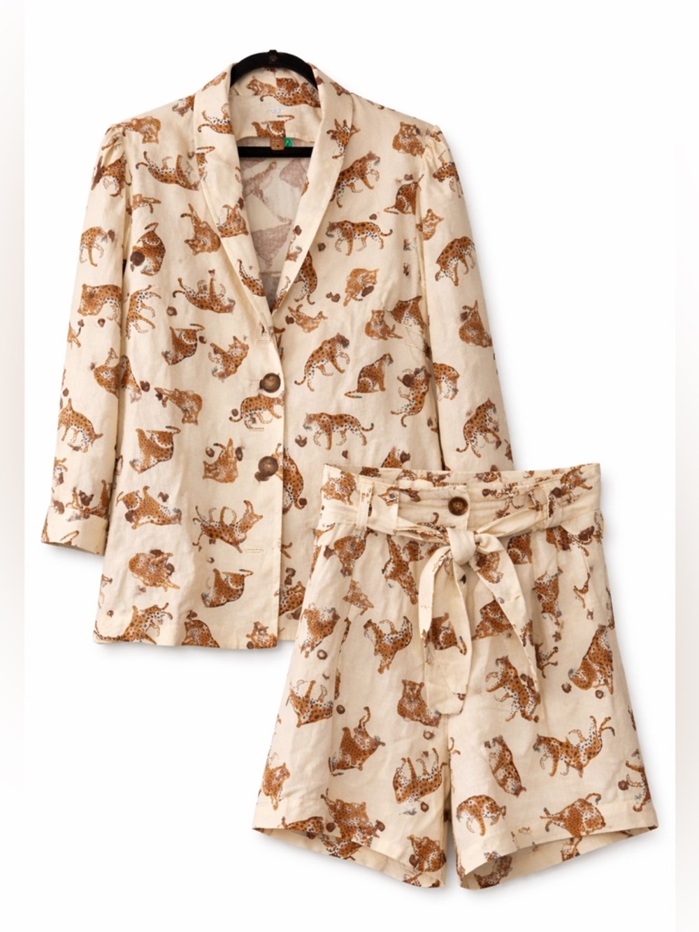 FARM Rio Jaguar Leopard Linen Blazer & Shorts Set P / PP